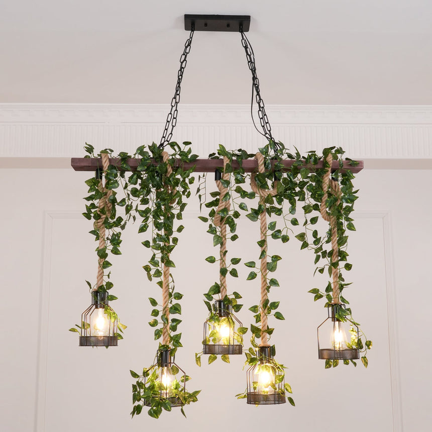 The eight lamp version lit beside a doorway, cages and foliage at staggered drops