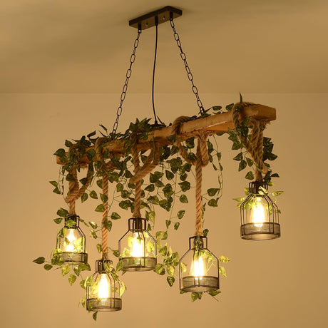 The five cage version lit under a warm ceiling, foliage trailing from the timber beam
