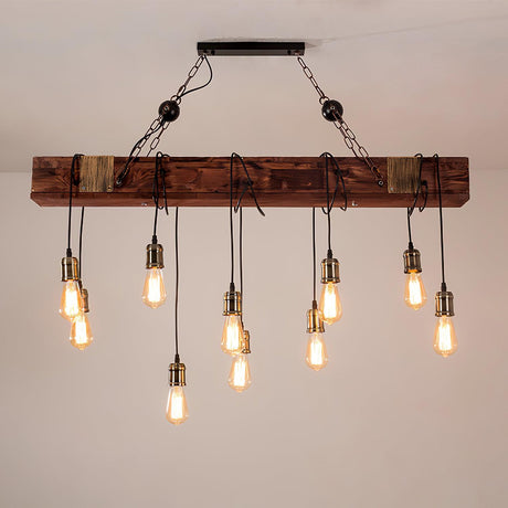 The beam lit against a plain white wall, the ten cords hanging at staggered lengths