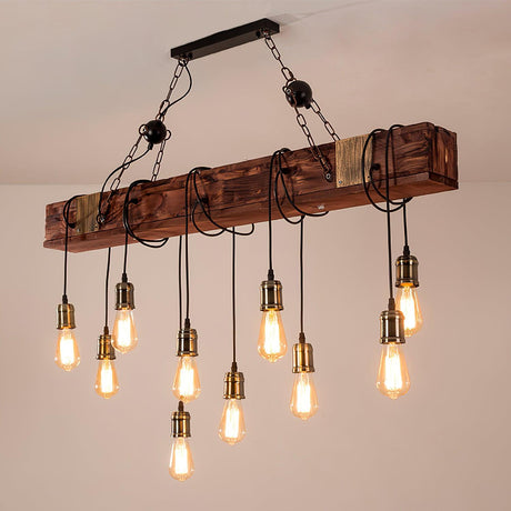 The beam lit against a warm pale wall, lamps hung at three different heights