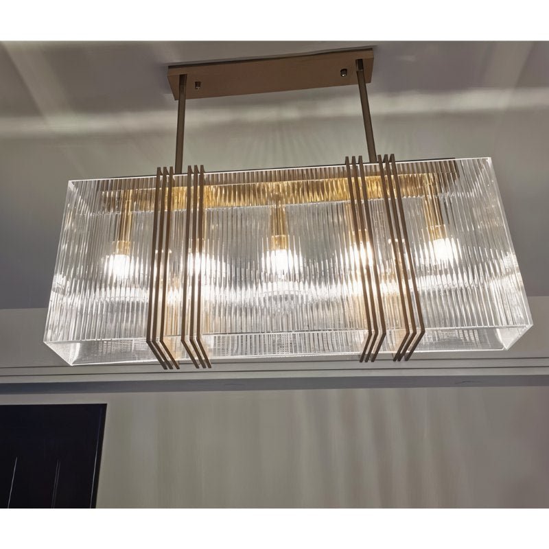 The square version lit close to a ceiling, ribbed shades on all four sides