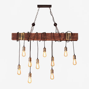 A long rust brown timber beam with ten filament lamps hanging from it on black cords