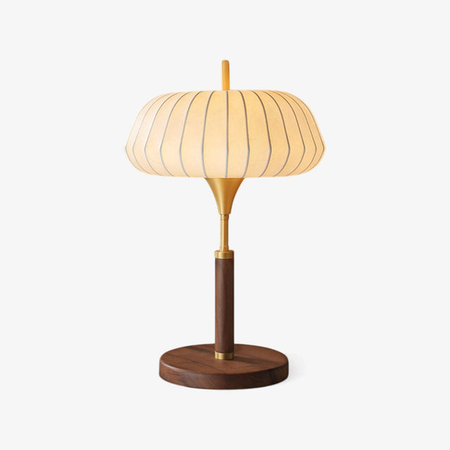 Remote control table lamp with a woven silk shade on a walnut base, plain ground