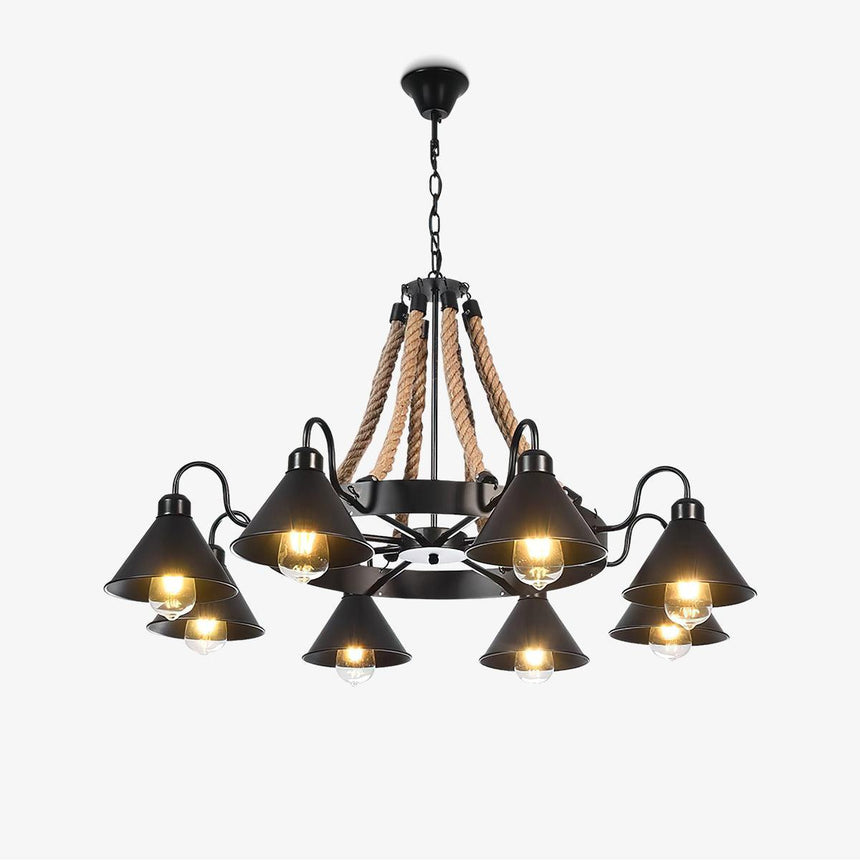 Retro chandelier with six black horn shades on a flat iron ring