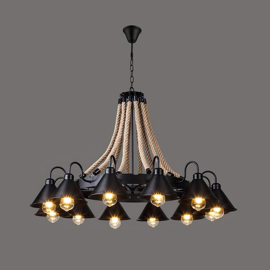 The twelve light build lit warm, two rows of black horn shades