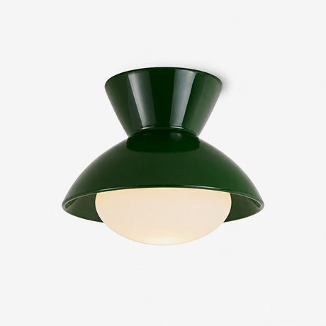 Retro flush mount ceiling light with a green resin gourd body and an opal glass dome