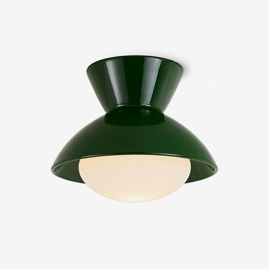 Retro flush mount ceiling light with a green resin gourd body and an opal glass dome