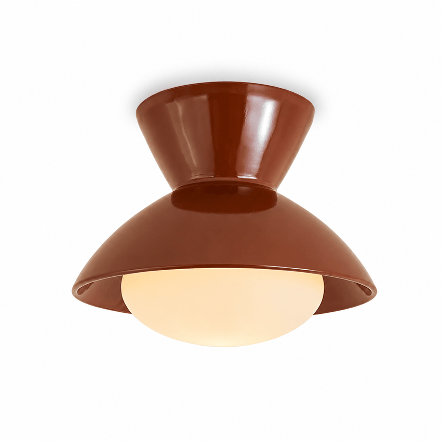 Terracotta red gourd ceiling light shown at an angle on a plain backdrop