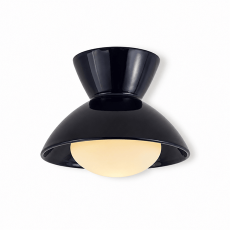 Black gourd ceiling light shown at an angle on a plain backdrop