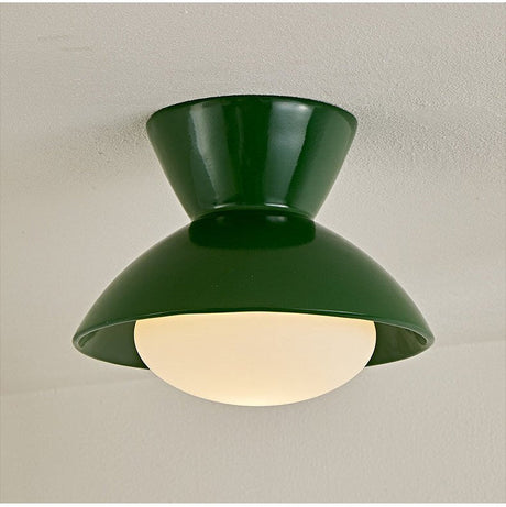 Close view of the green gourd ceiling light and its opal glass dome