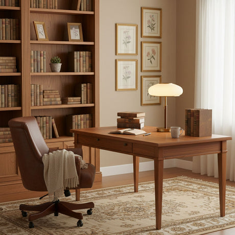 Ribbed glass table lamp lit on a wood desk beside a leather chair