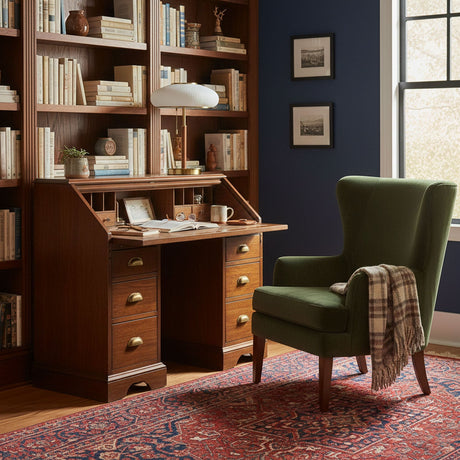 Ribbed glass table lamp on a writing desk against a blue wall