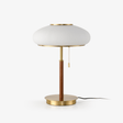 Ribbed glass table lamp with a brass foot and a walnut stem, plain ground