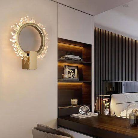 The ring above a desk beside lit shelves in a modern bedroom