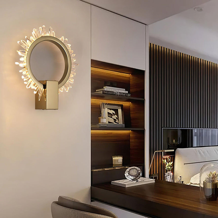 The ring above a desk beside lit shelves in a modern bedroom