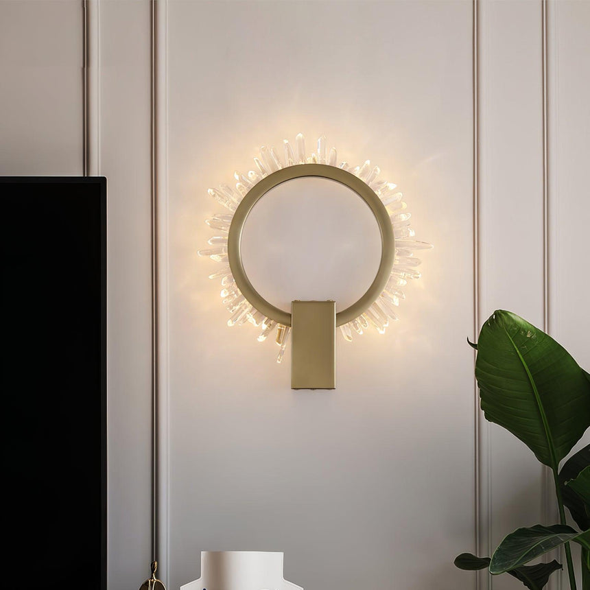 The ring lit on a pale wall above a white vase and a large leaf plant