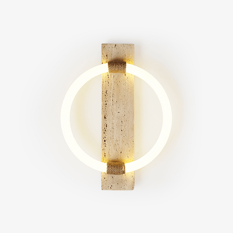 Ring wall sconce with a vertical travertine slab and a glowing LED ring, rope wrapped joins