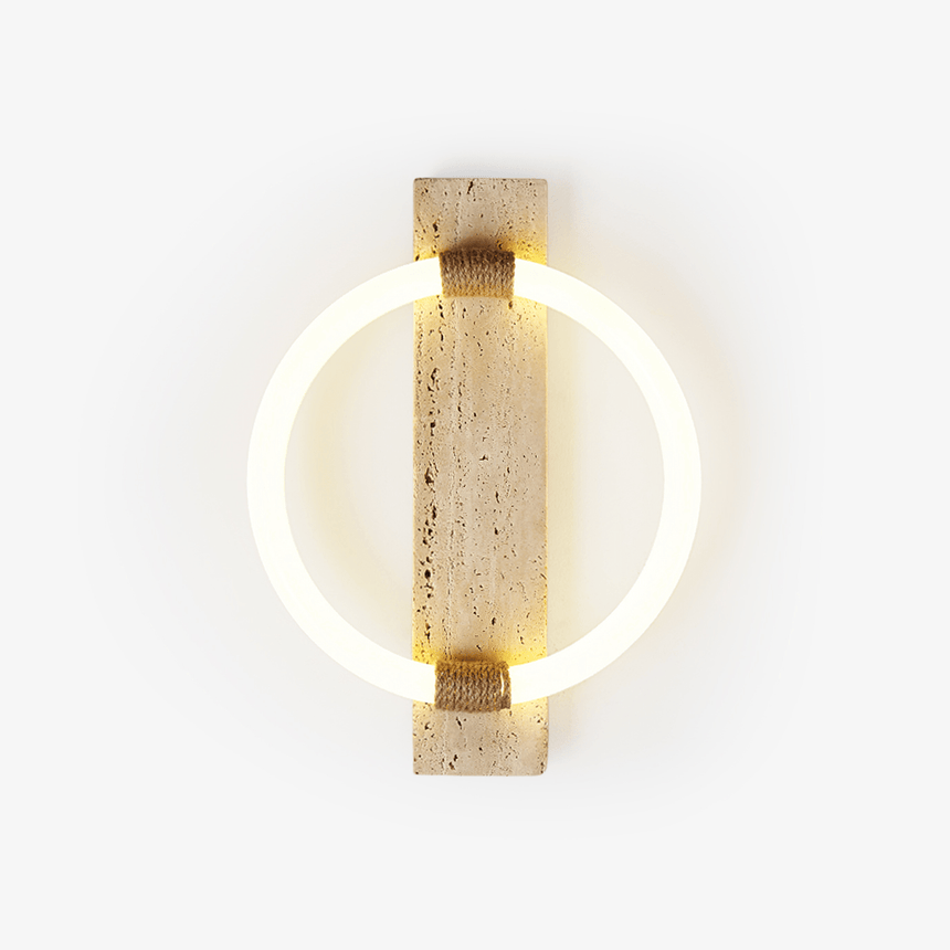 Ring wall sconce with a vertical travertine slab and a glowing LED ring, rope wrapped joins