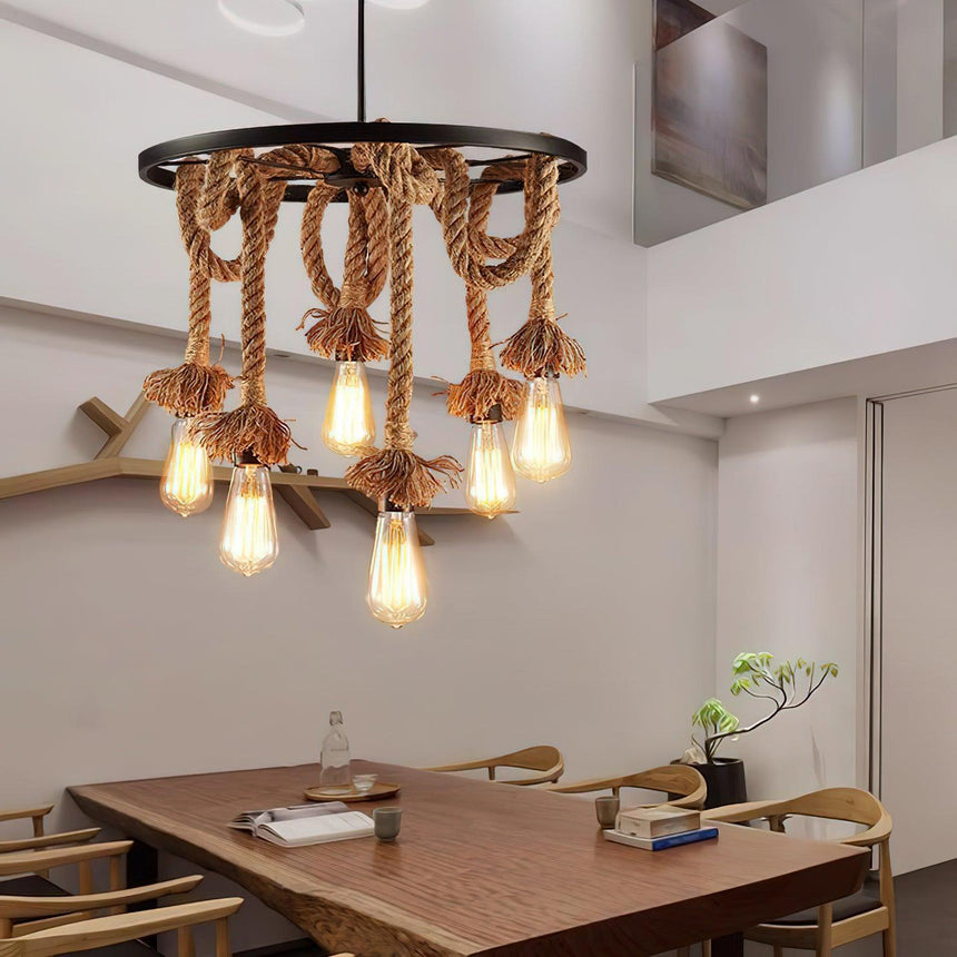 The fitting lit in a double height room above a wood table