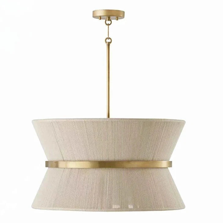 Woven hemp hourglass pendant light with a brass band and stem