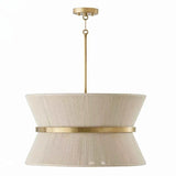 Woven hemp hourglass pendant light with a brass band and stem
