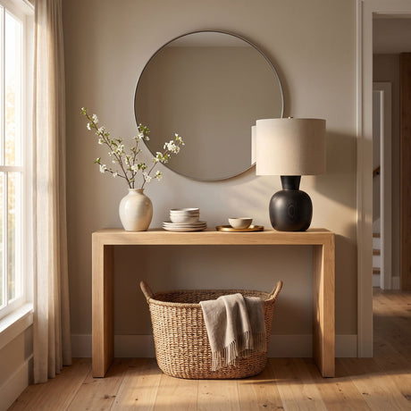 Sphere base lamp lit on a hall console below a round mirror