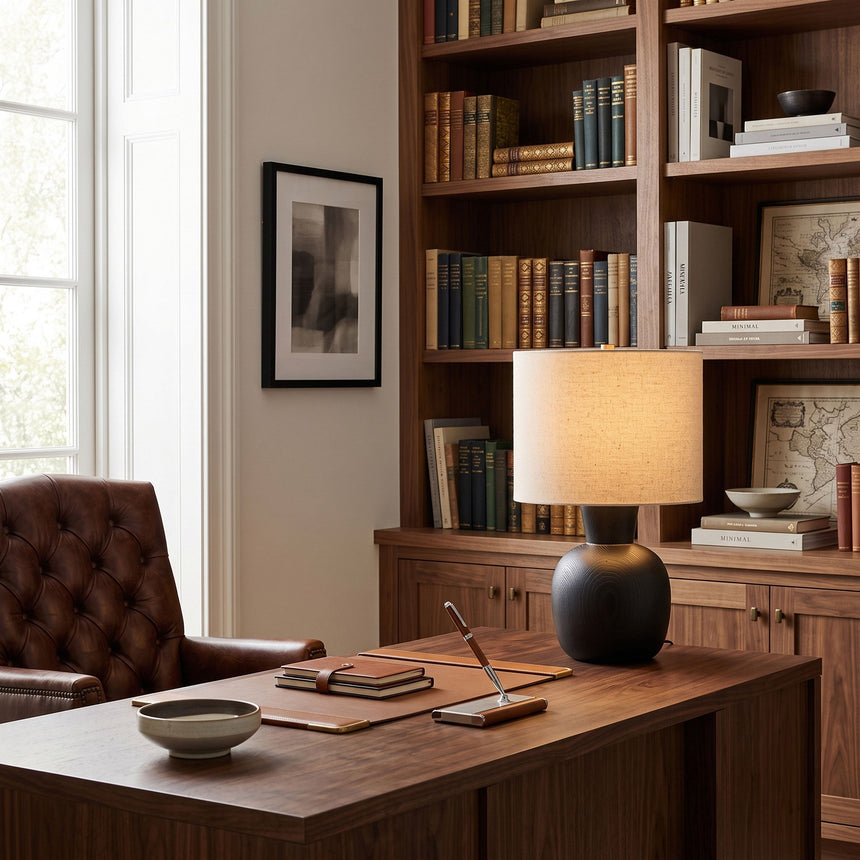 Sphere base lamp lit on a desk in a study lined with bookshelves
