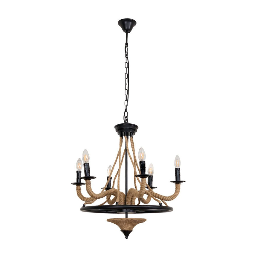 The six light chandelier lit in full with chain, wheel and arms