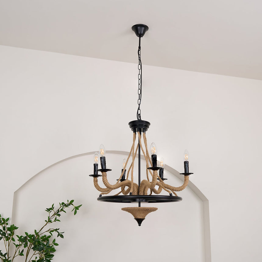 The fitting hanging under a plaster arch in a plain pale room