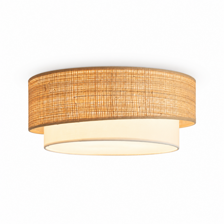 Two tier raffia ceiling light seen from the side against a plain backdrop