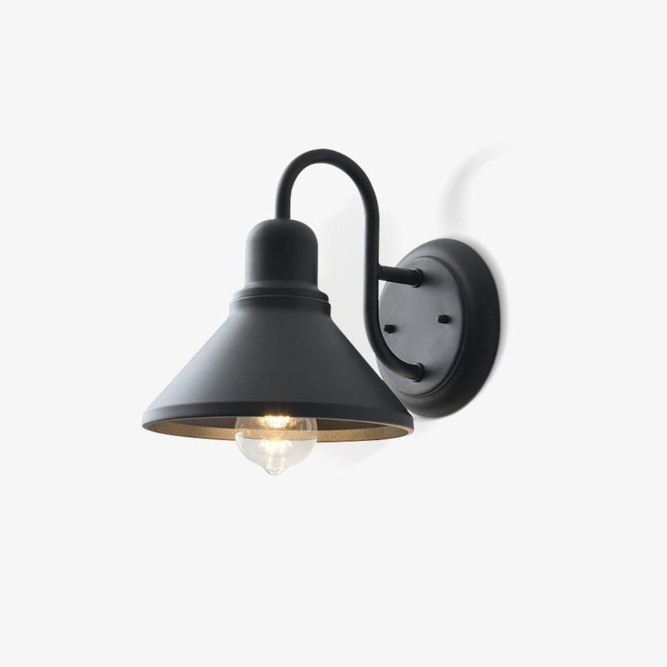 Black rustic outdoor wall light, a cone shade on a curved gooseneck arm with a round back plate