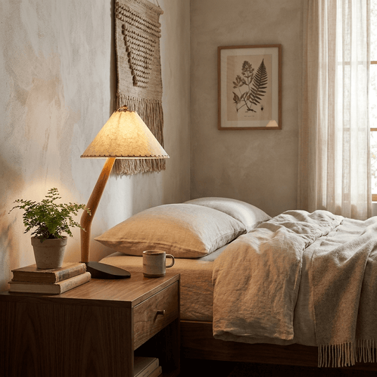 Rustic table lamp lit on a nightstand beside a made bed at night