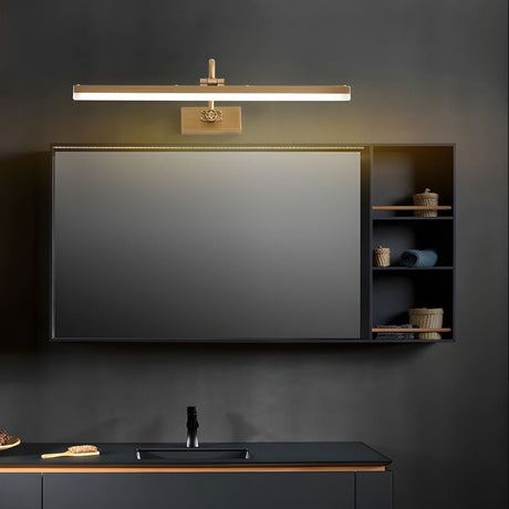 Gold antler bar lit above a dark cabinet and a wide screen in a dark room