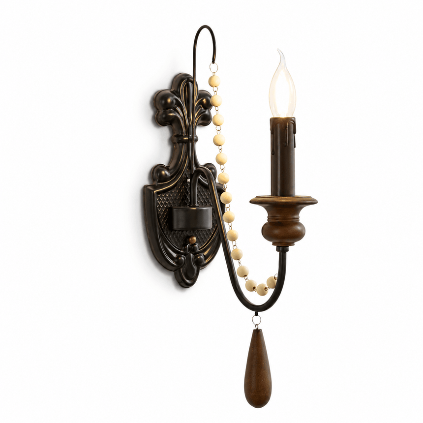 The beaded design with one candle arm, a wood teardrop hanging below it