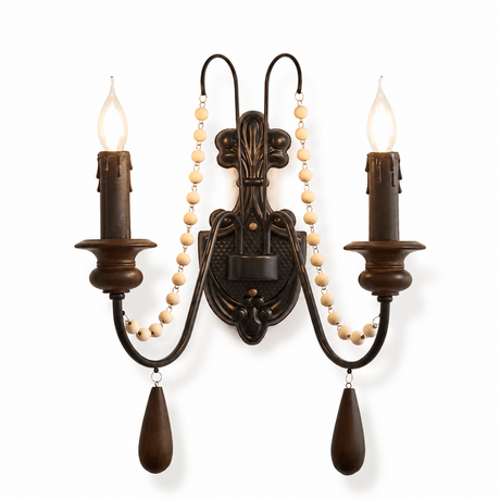 The beaded design with two candle arms and two strands of pale wood beads