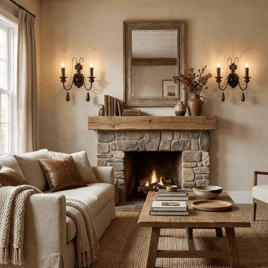 A pair lit either side of a mirror above a stone fireplace and a sofa