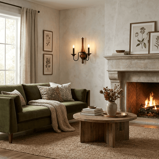 A pair lit either side of a stone mantel with framed prints and a green sofa