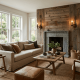 A pair lit on a reclaimed wood chimney wall above a fireplace and a sofa