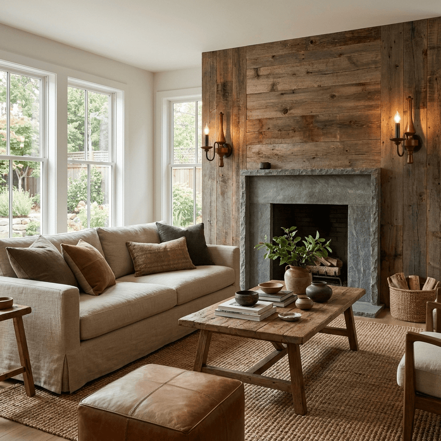 A pair lit on a reclaimed wood chimney wall above a fireplace and a sofa