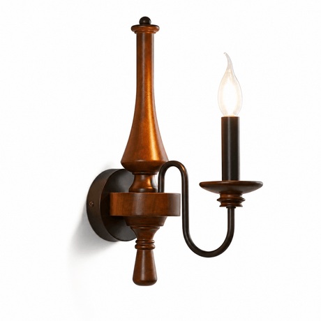 The turned wood candlestick with one iron candle arm off its side