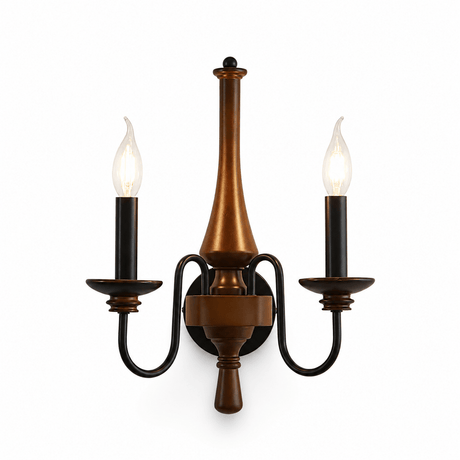 The turned wood candlestick carrying two iron candle arms and two lamps