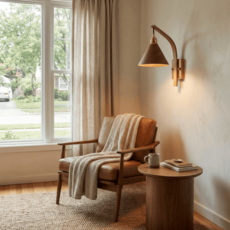 Sconce lit beside a curtained window above an armchair and a stool