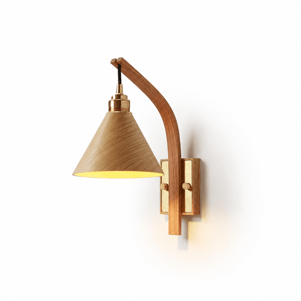 Wall sconce with a light wood cone shade on a curved light wood arm