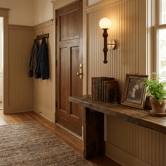 Sconce lit in an entry above a plank console with coats hung on the wall