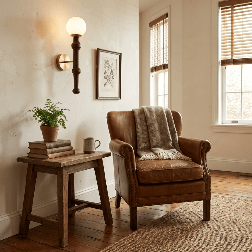 Sconce lit above a plant on a wood stool beside a wing chair and a window