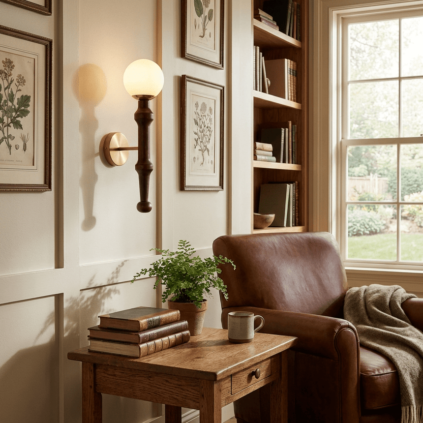 Sconce lit above a side table stacked with books beside a leather armchair