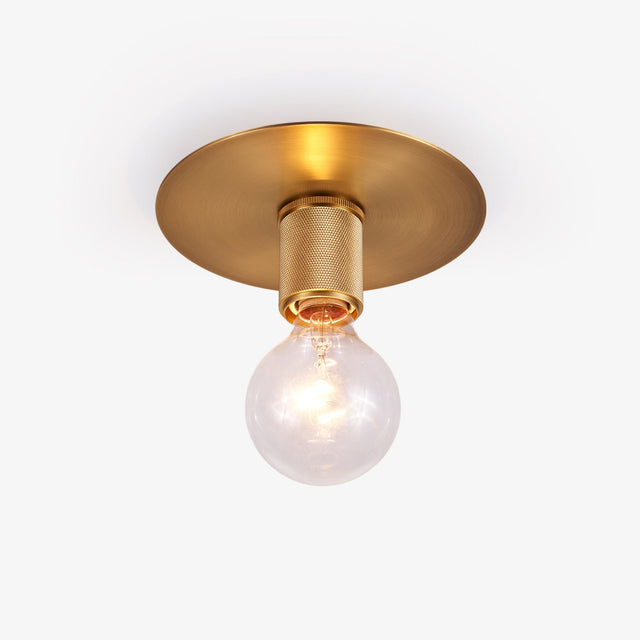 Satin brass ceiling light with a brushed disc canopy and an exposed bulb