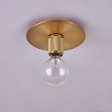 Brushed brass disc ceiling light seen from the side against a pale wall