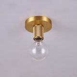 Brushed brass disc ceiling light with an unlit clear globe bulb