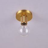 Brushed brass disc ceiling light seen from below with a clear bulb